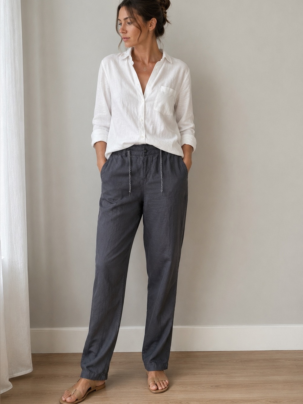 Olsen Europe Lisa 100% Linen Charcoal Gray Pants Size 8